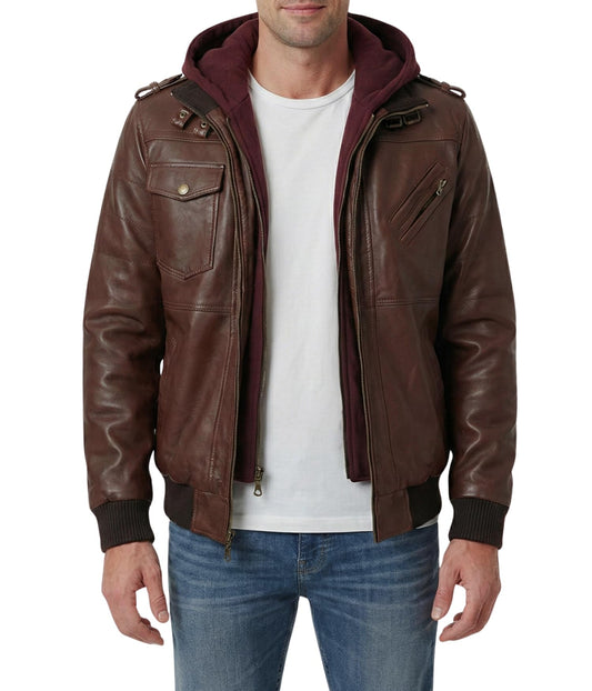 Decrum Brown Leather Jacket with Hood For Men | [1112376] Dark Brown Edinburgh, 2XL