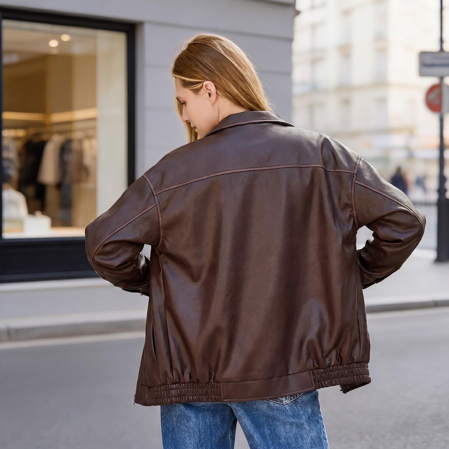 Bello vita Women's Oversized Faux Leather Moto Jacket, Casual Biker Coat with Smooth Zipper and Side Pockets, Soft Odorless Fabric