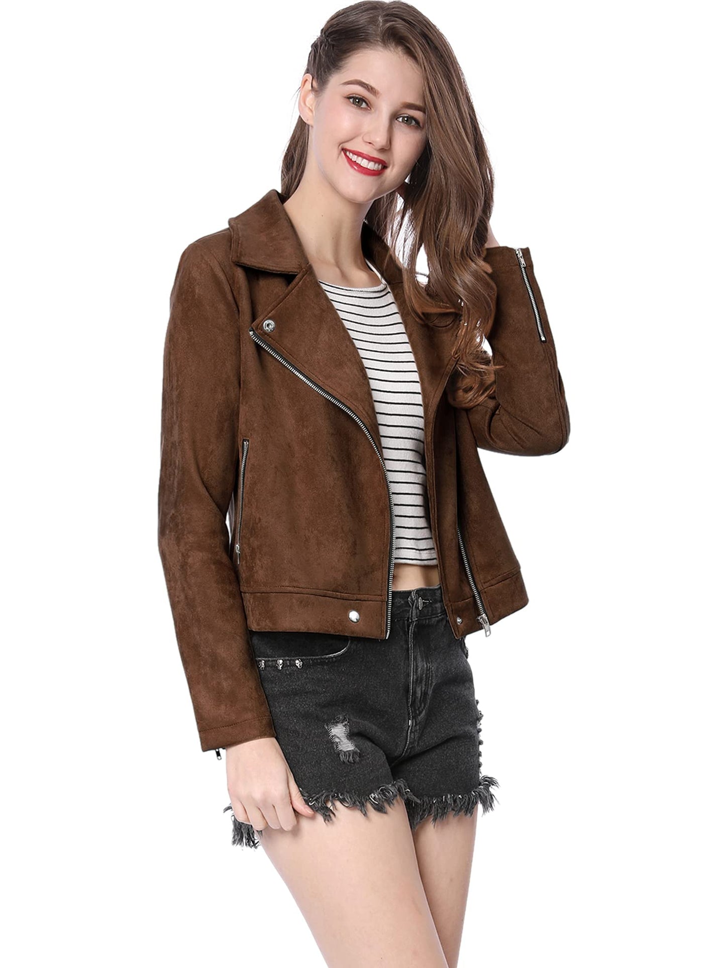 Allegra K Women Short Soft Zip Up Faux Suede Biker Moto Jacket Small Dark Brown