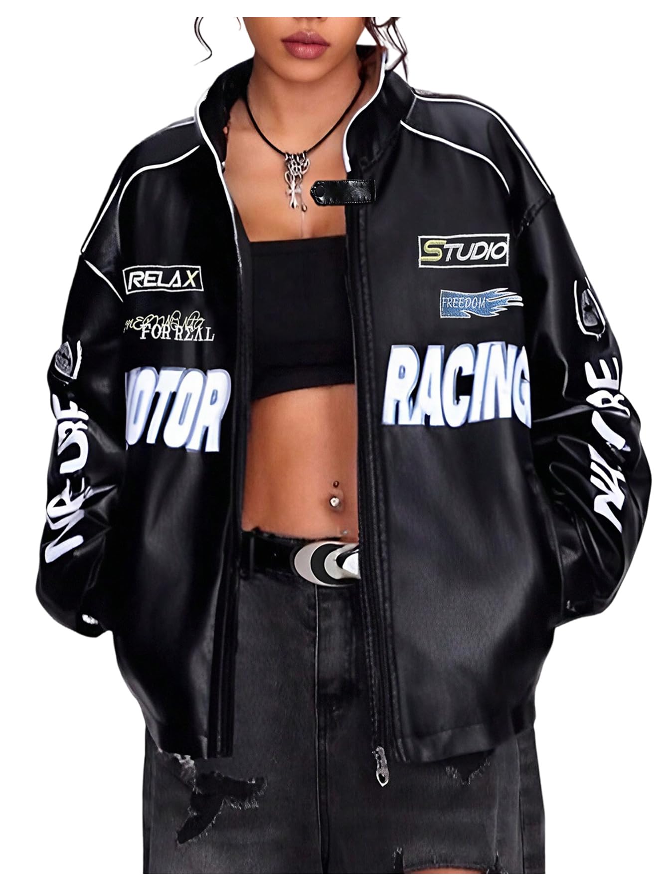 SOLY HUX Women's Leather Racer Jacket Y2k Graphic Streetwear Oversized Coat