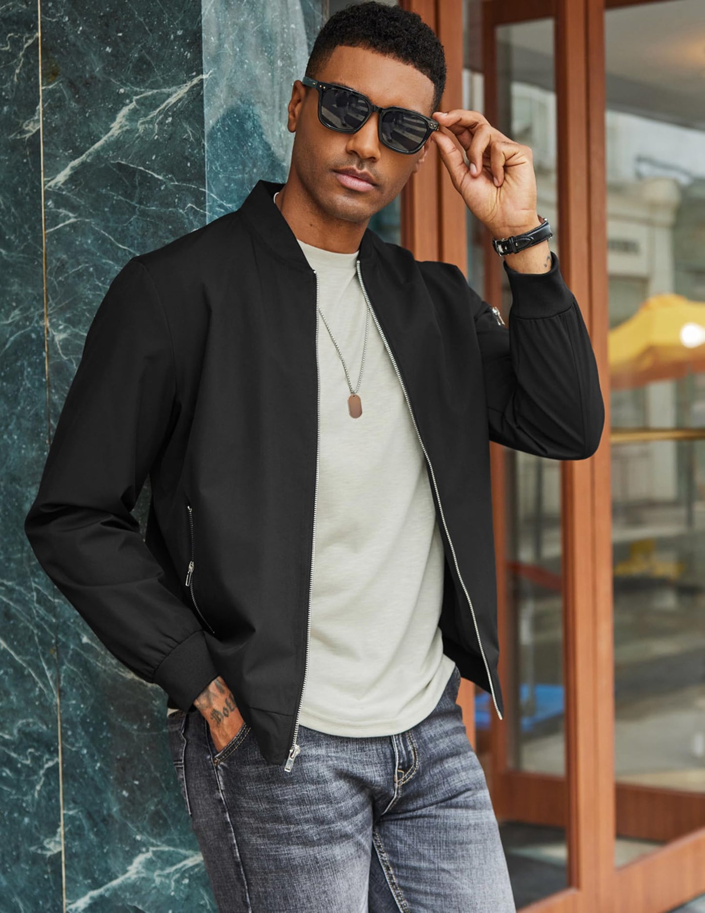 COOFANDY Black Bomber Jacket Lightweight Casual Windbreaker Spring Fall Zip Up Jackets Polyester Coat With Pocket L