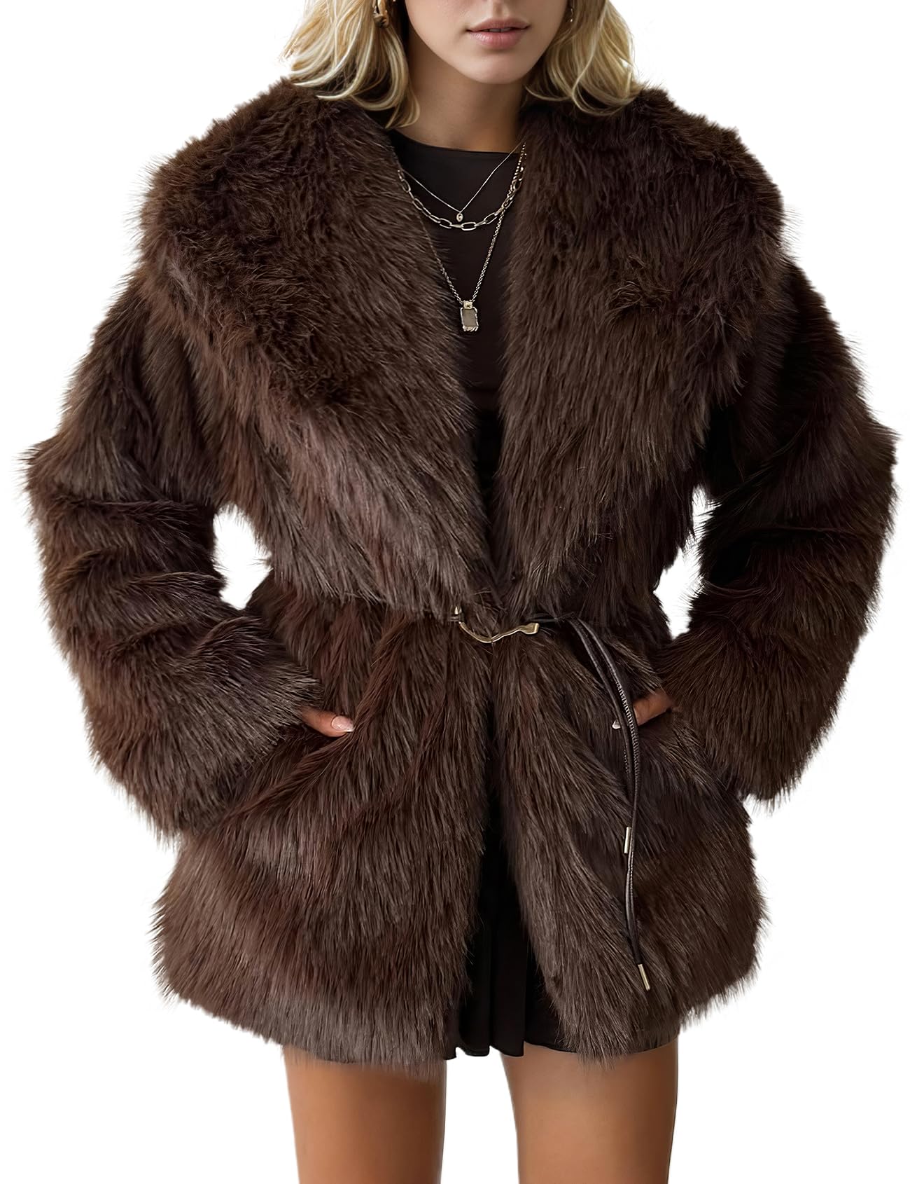 PEHMEA Women's Mid-Length Faux Fur Coats Winter Warm Fuzzy Jackets Long Sleeve Lapel Fashion Casual Fluffy Shaggy Parka Coat(Brown-M)