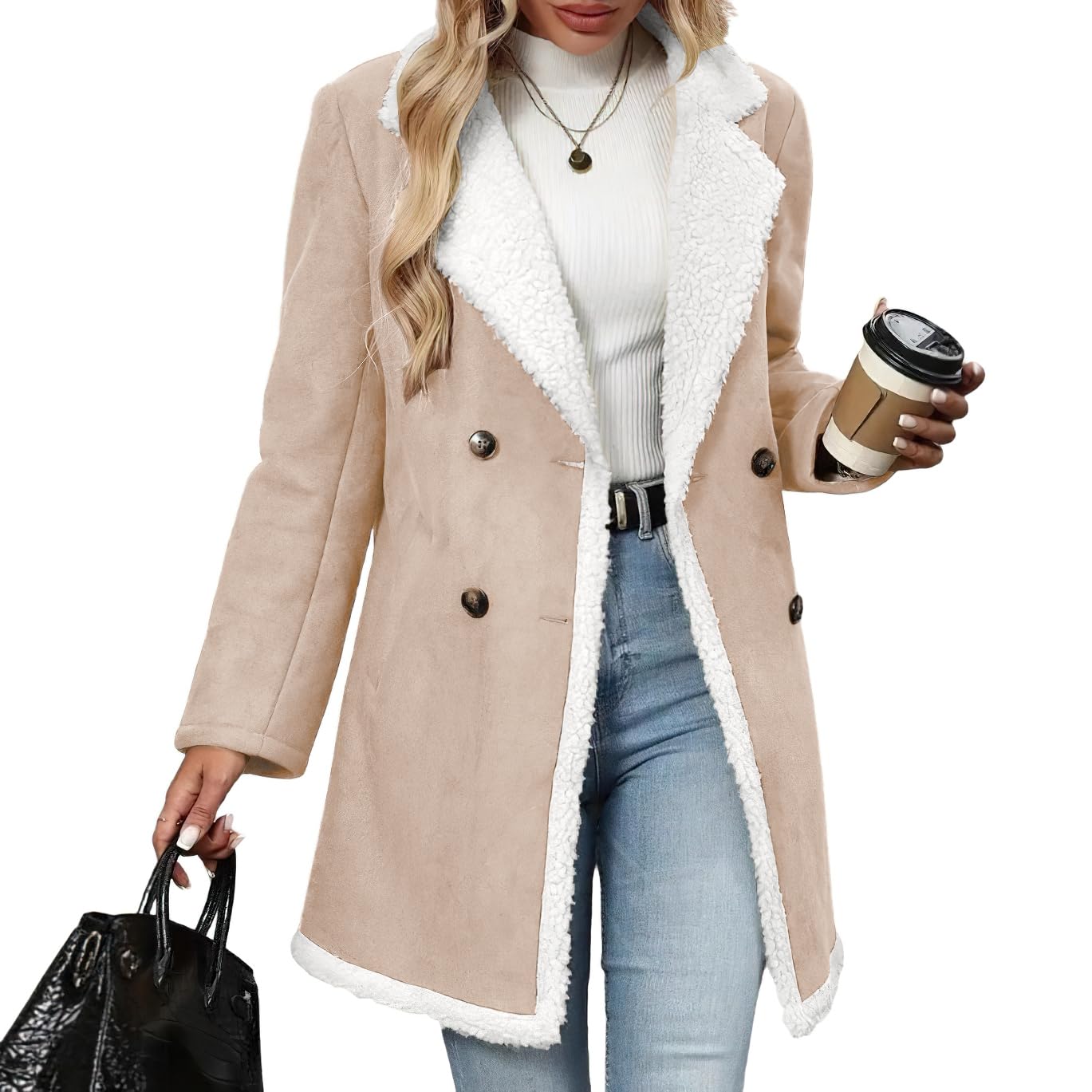 chouyatou Women's Winter Notch Lapel Double Breasted Peacoat Sherpa Fleece Lined Faux Suede Jacket Coat (X-Large,Coffee)
