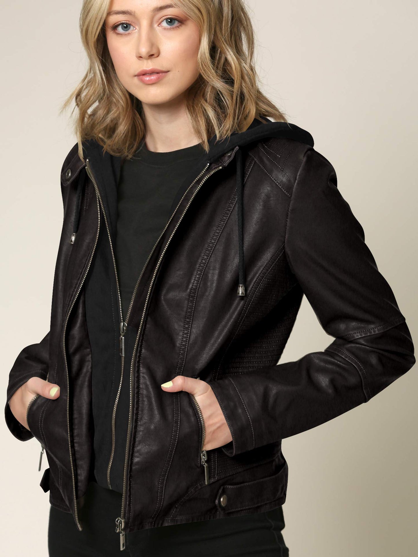 Lock and Love LL WJC1044 Women’s Faux Leather Moto Biker Jacket with Removable Hood – Zip Up Short Coat with Pockets, Fall Fashion Outerwear L Black
