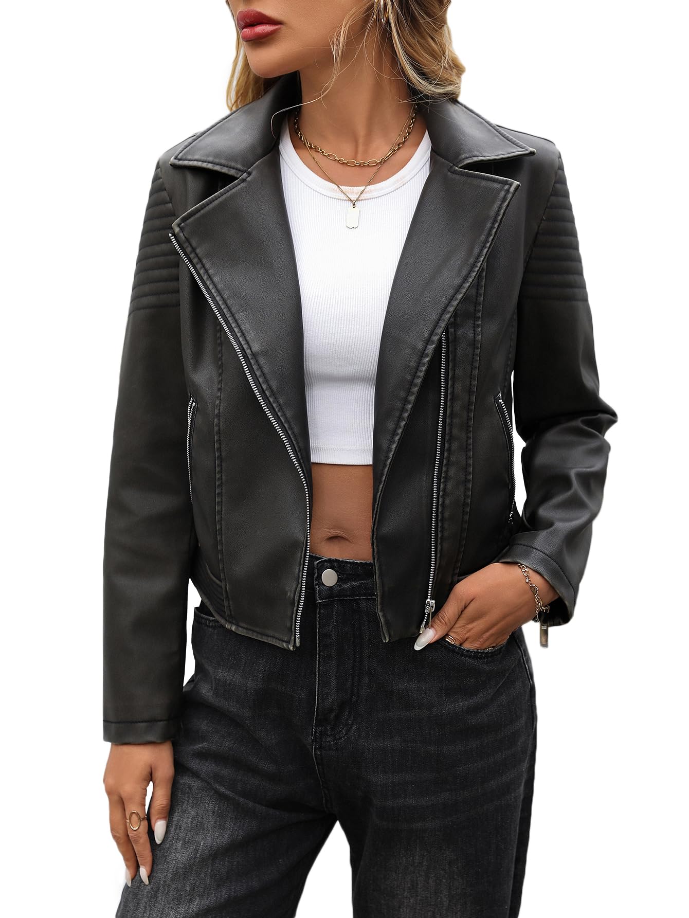 LY VAREY LIN Women's Faux Leather Biker Jacket Slim Short Coat Zipper Moto Jackets (M, Dark Green)