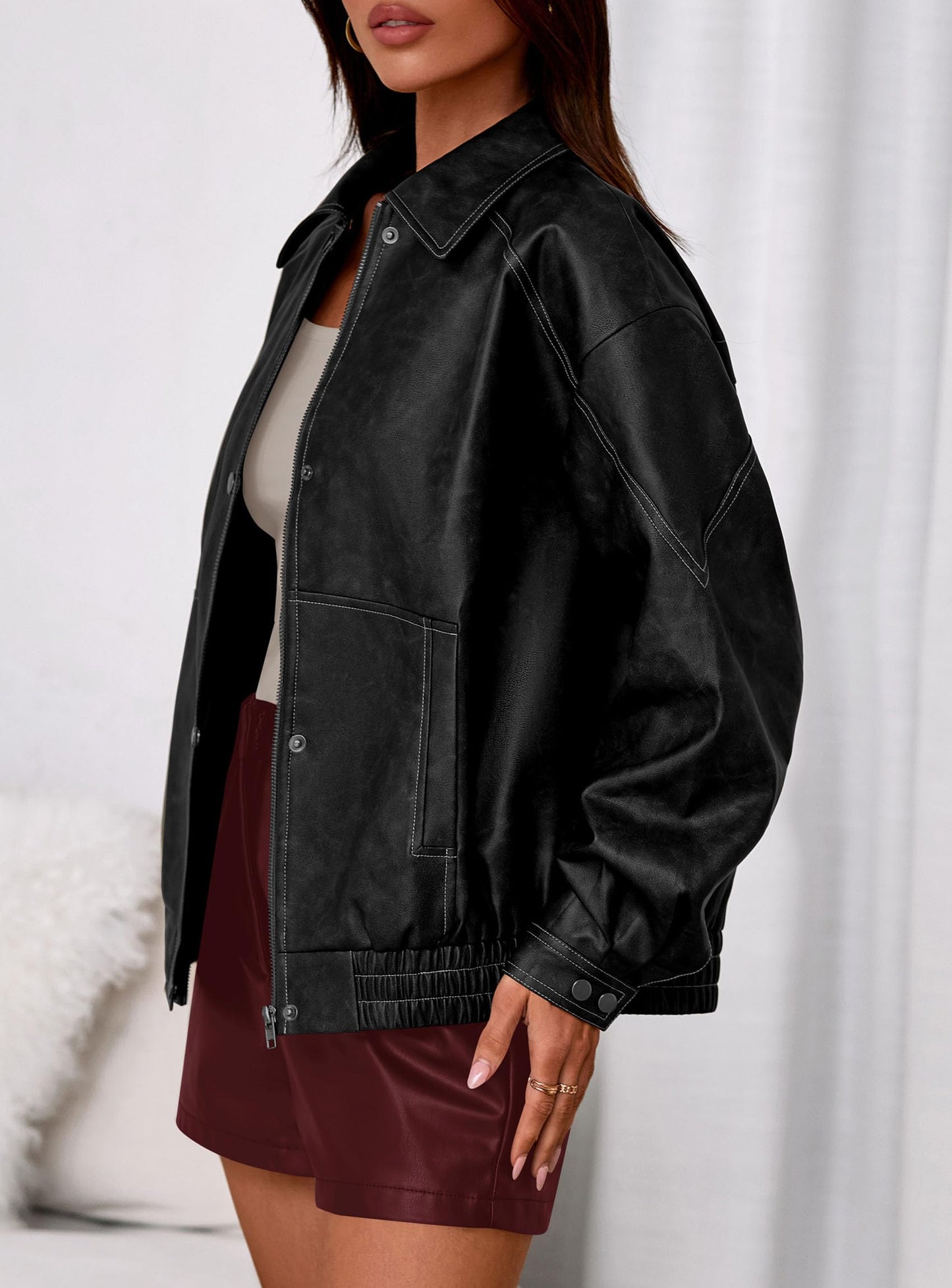 PRETTYGARDEN Faux Leather Jacket Women Bomber Motorcycle Zip Up Jackets Oversized Fall Fashion Outfits 2026 Winter Coats (Black,Medium)