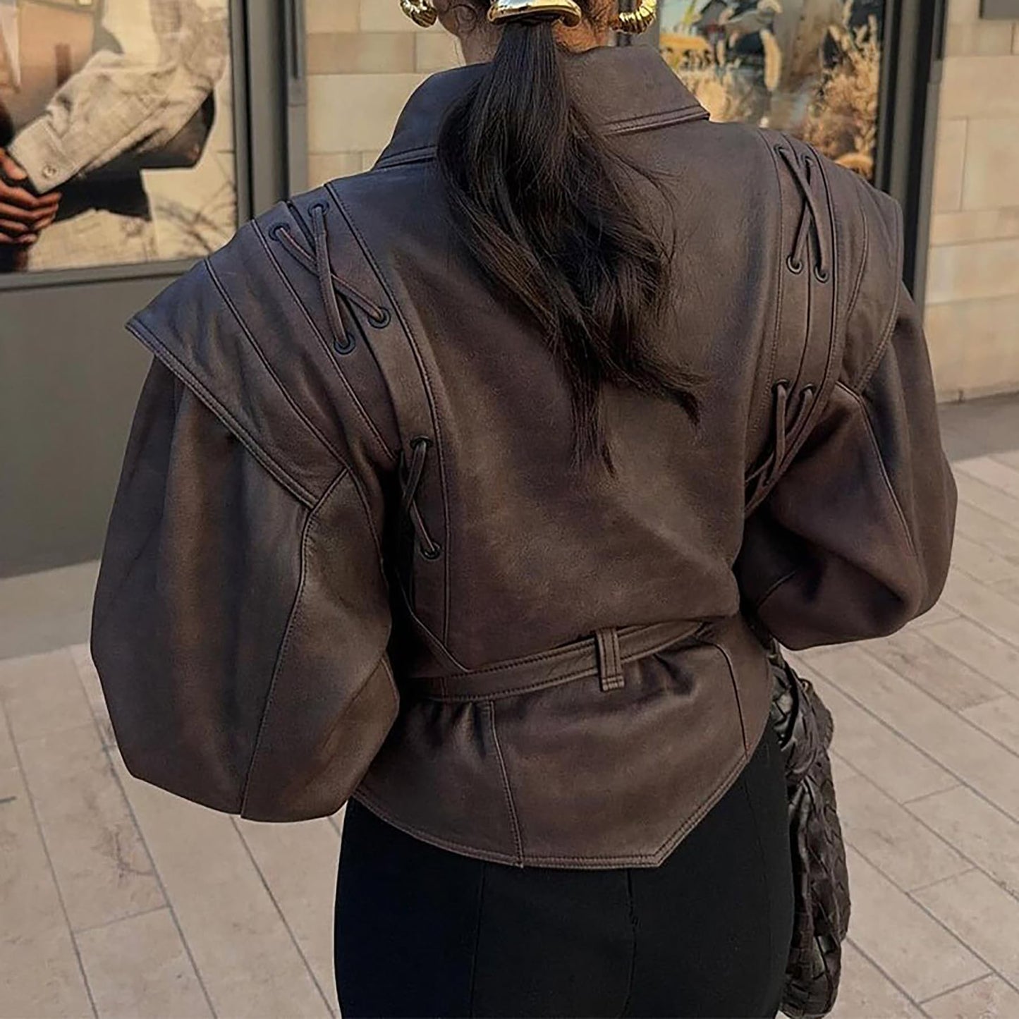 LETSVDO Leather Jacket Women Faux PU Oversized Lace Up Asymmetrical Belted Motorcycle Bomber Coats Fashion Fall Clothes