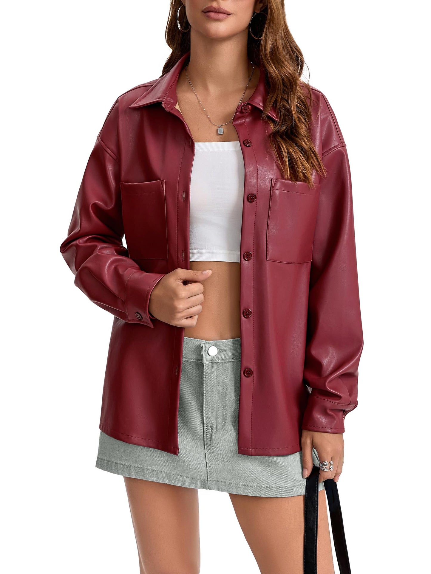 Haianguoji Women's Faux Leather Button-Down Shirt Jacket Lightweight Long Sleeve PU Blouse Shacket Tops (Red, M)
