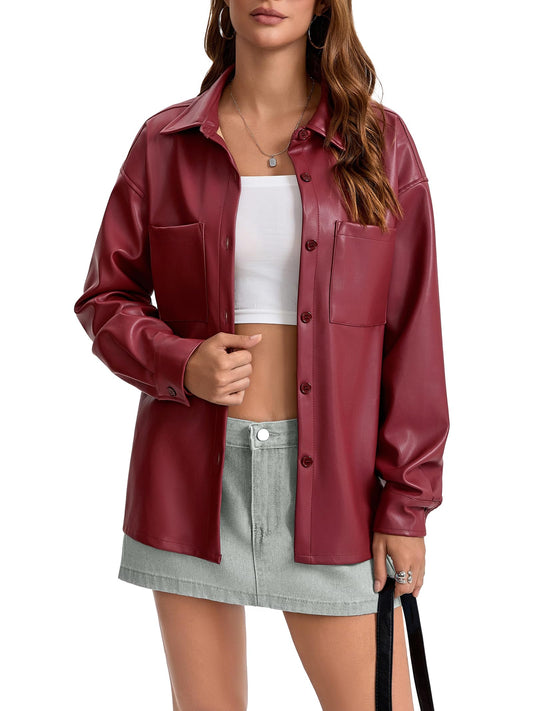 Haianguoji Women's Faux Leather Button-Down Shirt Jacket Lightweight Long Sleeve PU Blouse Shacket Tops (Red, M)