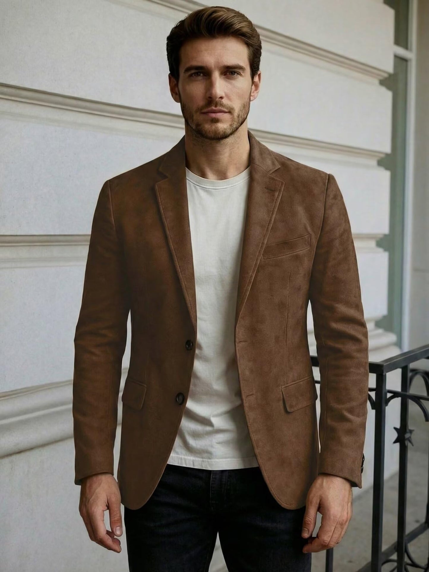 Mens Suede Jacket Sports Coats for Men Western Cowboy Style Faux Leather Suede Blazer for Men Business Work Daily Lightweight Mens Suit Jacket Coffee, M