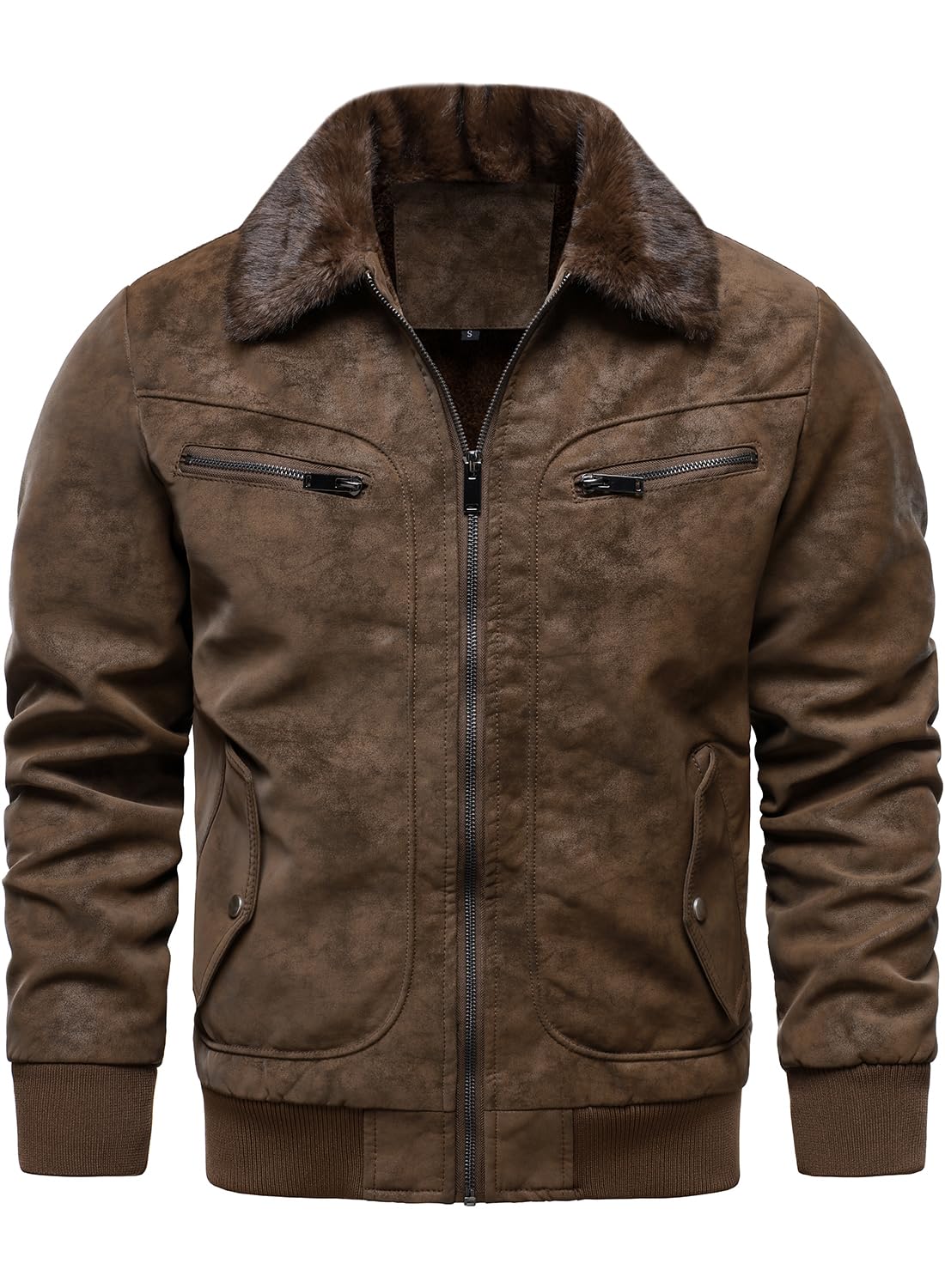 HOOD CREW Men’s Faux Fur Flight Bomber Jacket Vintage Winter Coats Fleece Lined Leather Jackets Brown L