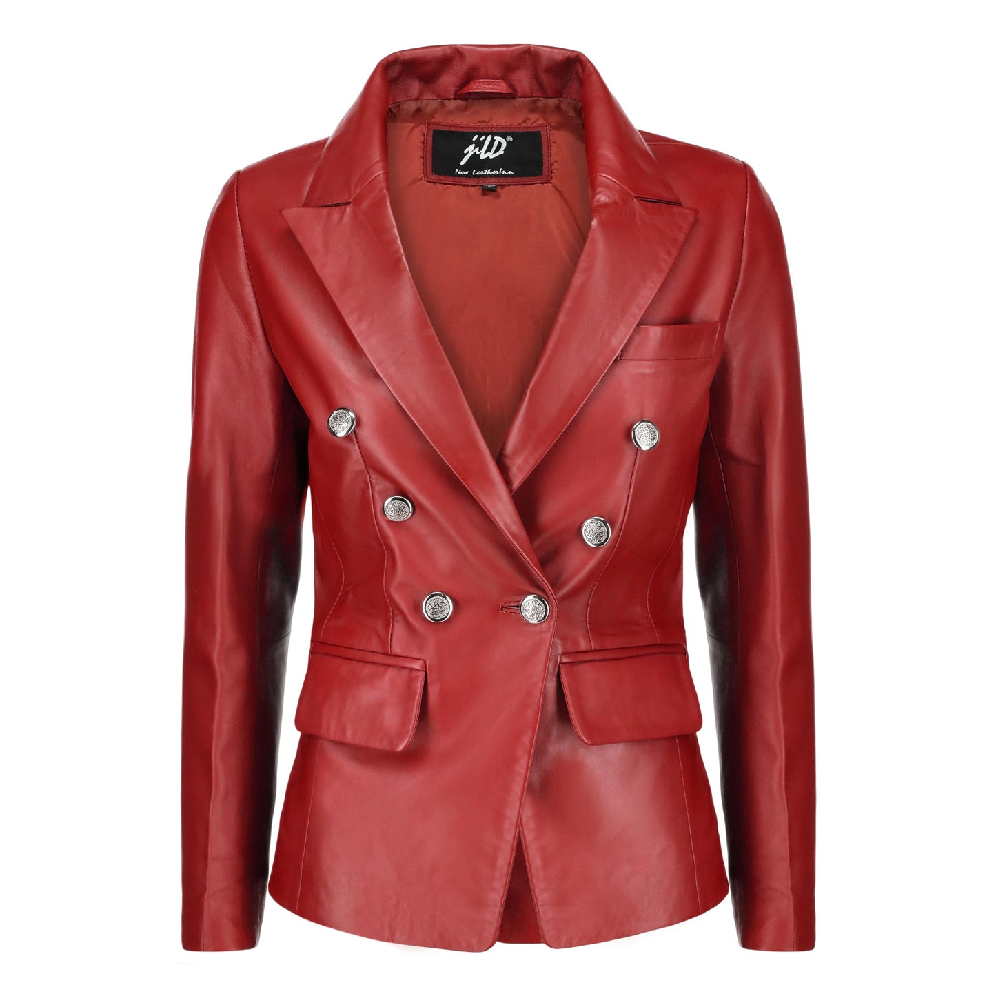 Jild Double Breasted Fancy Buttons Lambskin Leather Blazer Women - Kim Kardashian Long Sleeve Coat Style Leather Jacket Women (FC-Red-XXL)