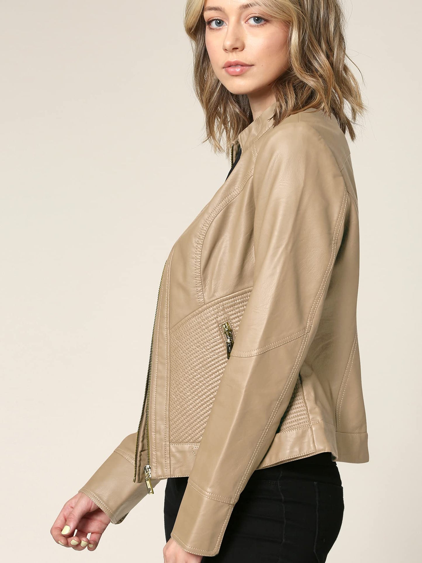 Made By Johnny MBJ WJC747 Womens Dressy Vegan Leather Biker Jacket M Khaki