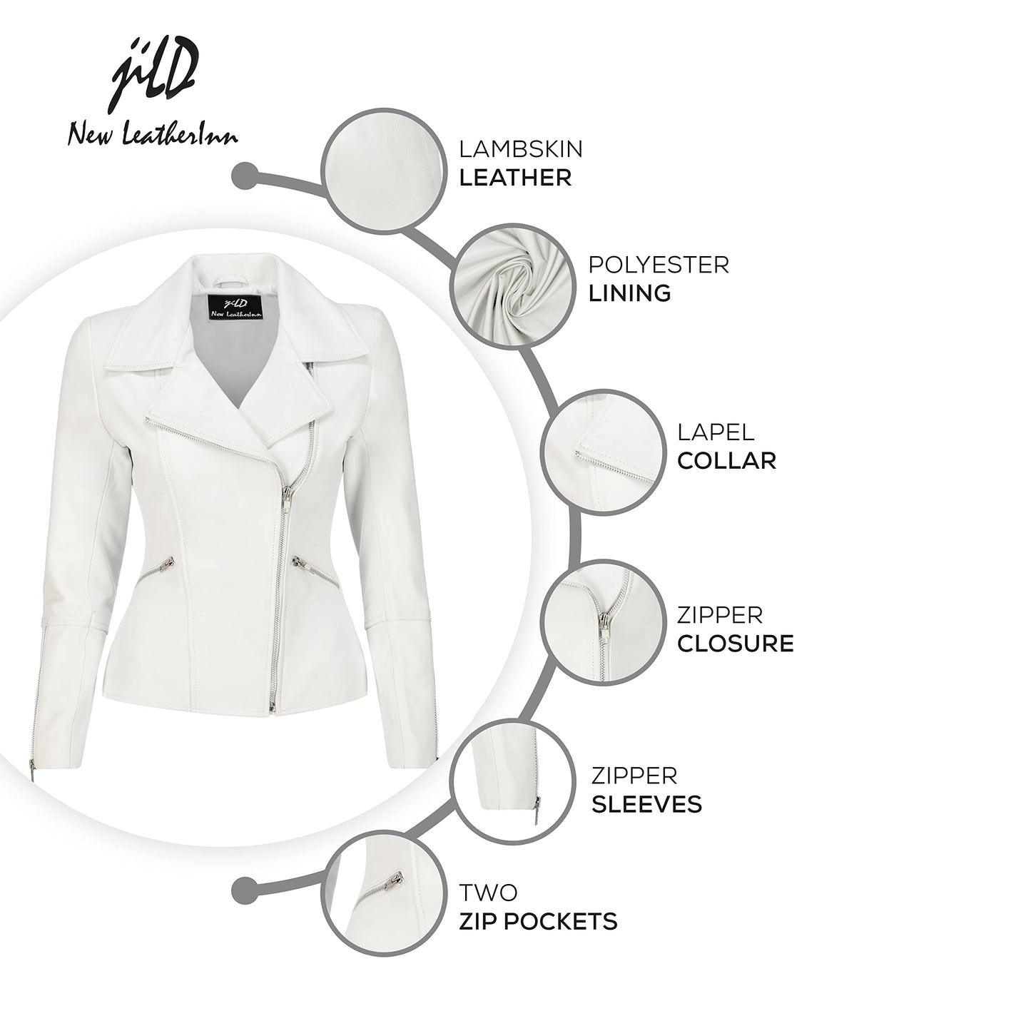 Jild Women's Asymmetrical Zip-Up Real Lambskin Leather Motorcycle Jacket - Casual Fashion Moto Biker Leather Jacket Women (BW-Wht-L)