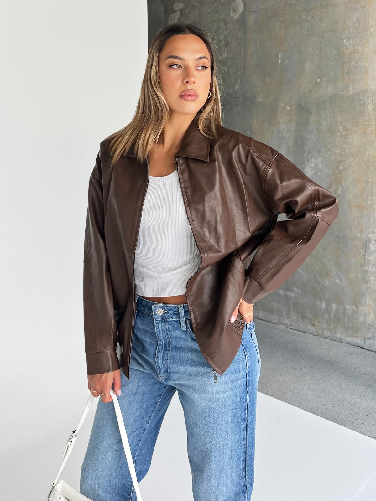 Trendy Queen Womens Leather Jacket, Oversized Spring Going Out & Everyday Statement Piece, Bomber Jackets Fall Moto Coat Brown L
