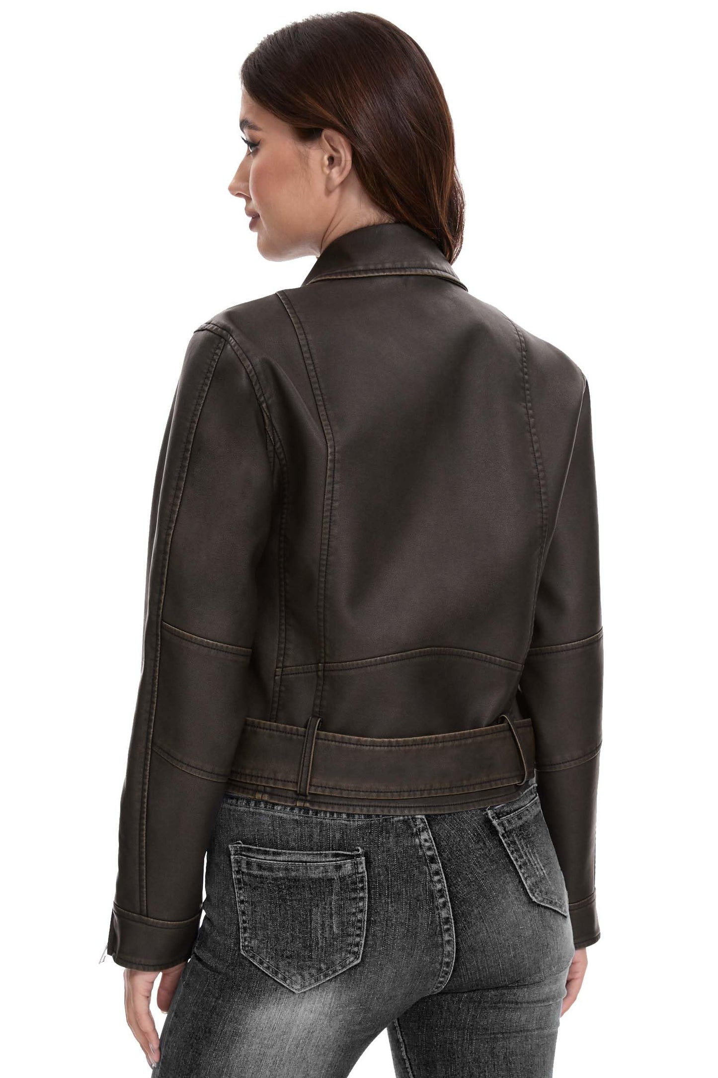 Fahsyee Women's Faux Leather Jacket, Moto Belted Biker Coat, Black XXL