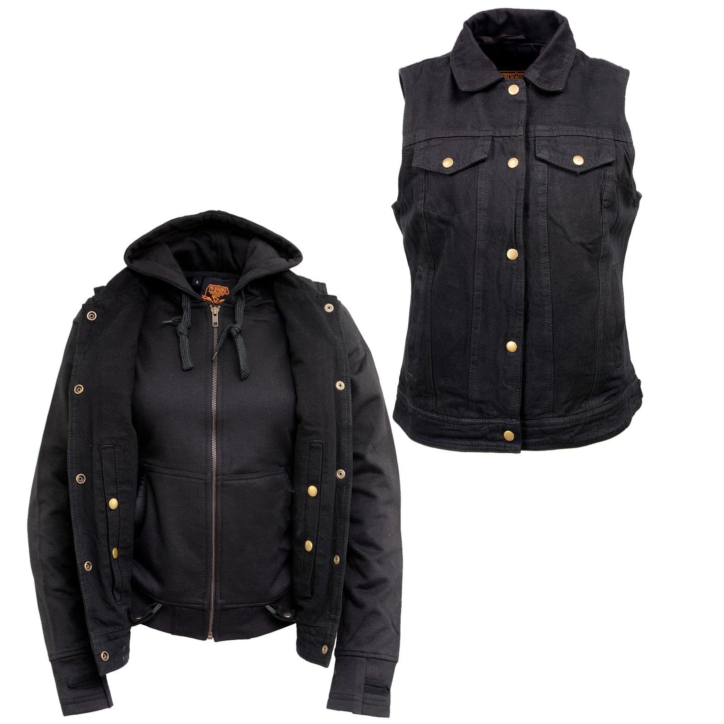 Milwaukee Leather MDL4002 Women's Black Denim 2 in 1 Shirt Style Collar Motorcycle Rider Vest W/Removable Hoodie - Medium