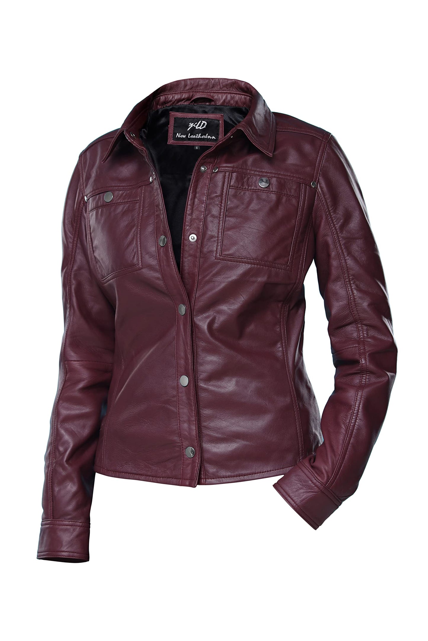 Jild Womens Button Front Lambskin Leather Jacket Shacket - Casual Shirt Long Sleeve Leather Jacket Women with Bust Pocket (Burgandy-L)