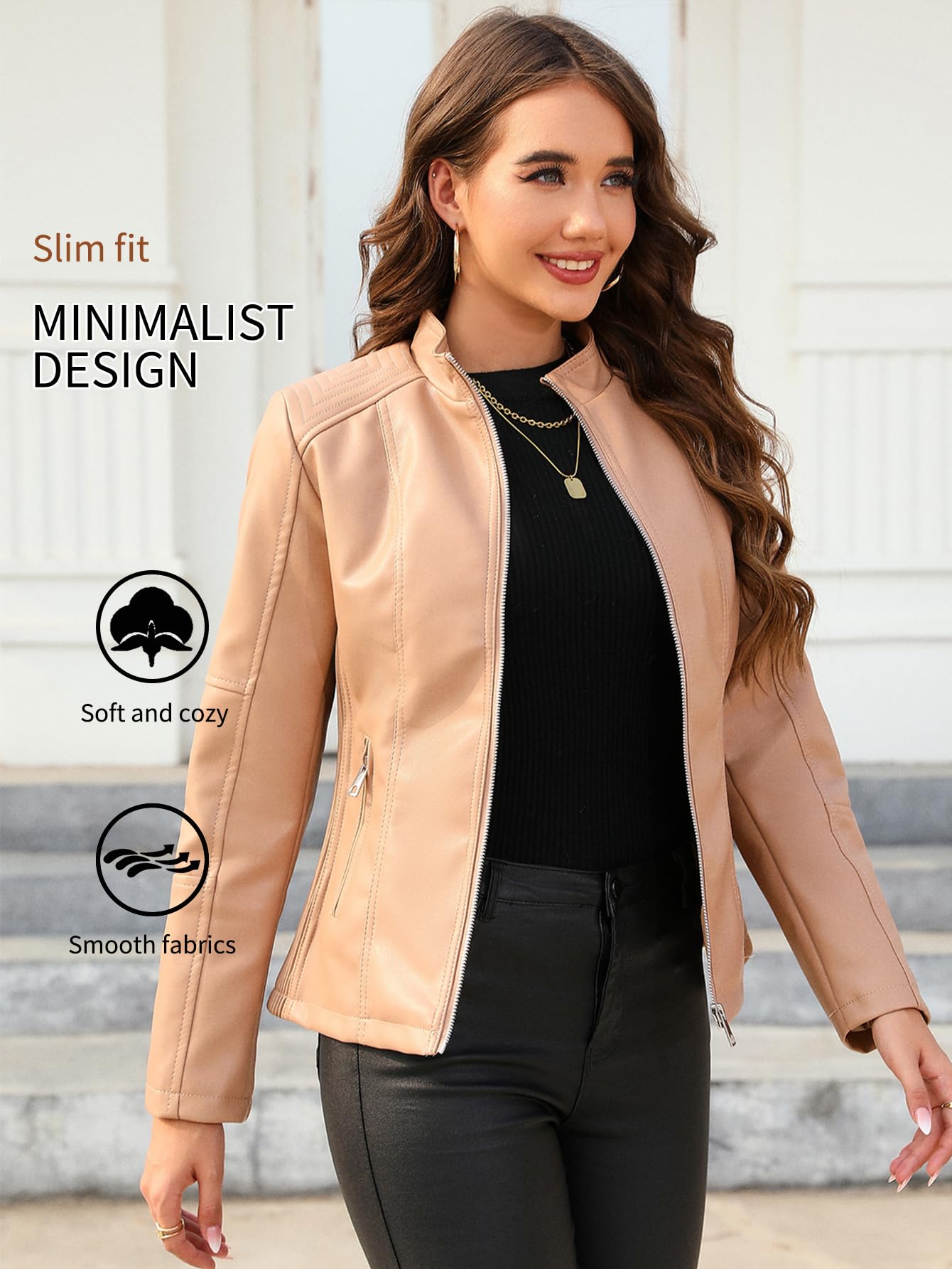 Bellivera Faux Leather Women Motorcycle Stand Collar Jacket Khaki L