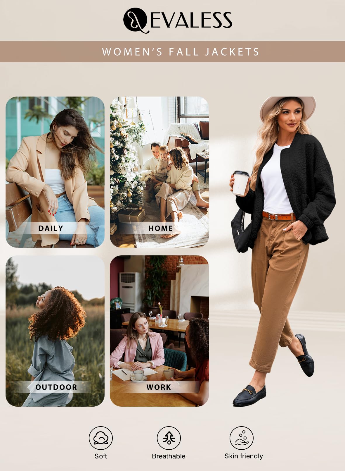 EVALESS Spring Bomber Jacket for Women Dressy Casual Summer Clothes Trendy 2025 Teacher Outfits Cute Jacquard Jackets Long Sleeve Zip Up Cropped Black Jeacket Lightweight Coat with Pockets, Medium