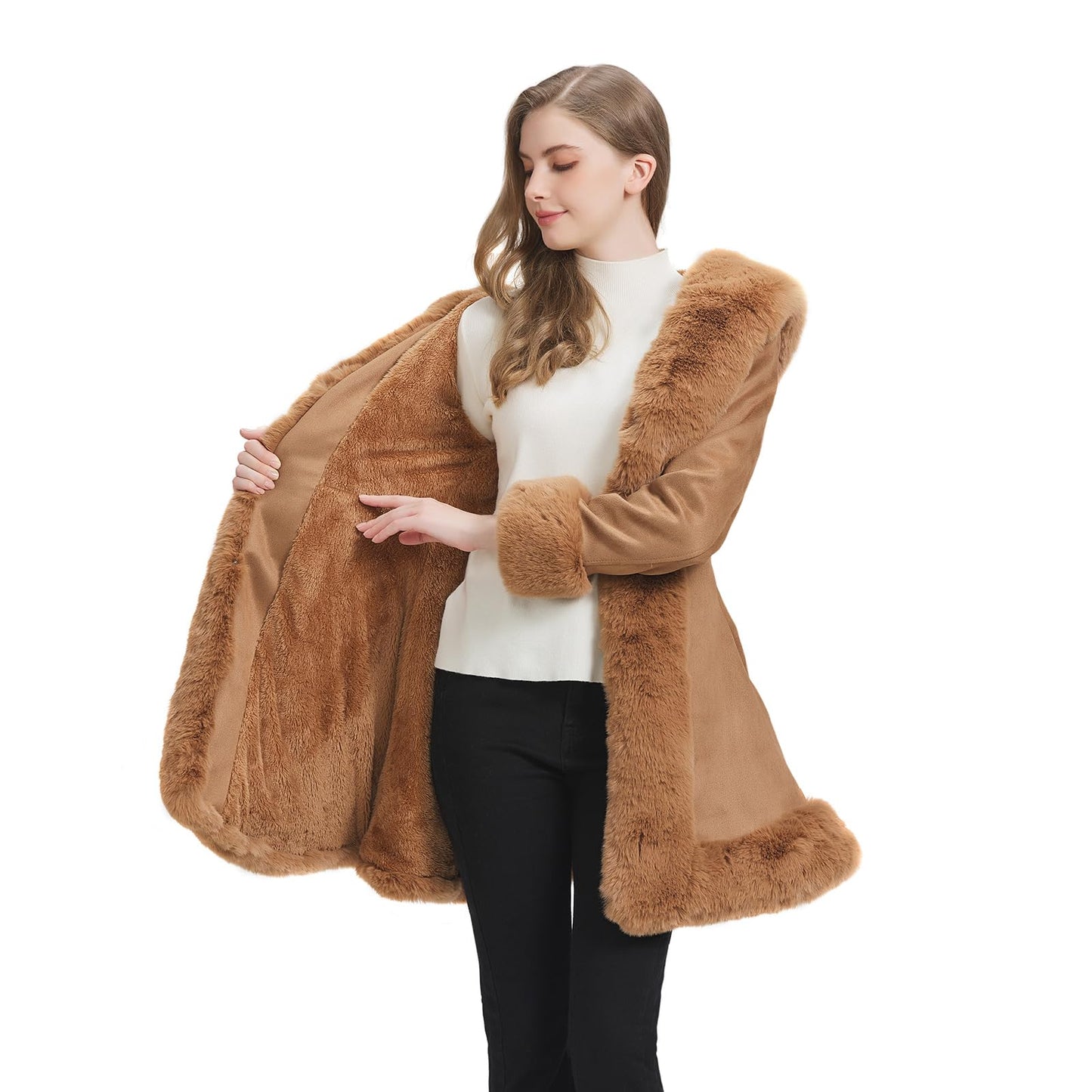GRAN ORIENTE Beige Suede Jacket for Women with Faux Fur Collar,Long Sleeve Warm Winter Parka Coat with Belt Outerwear(056 Beige M)