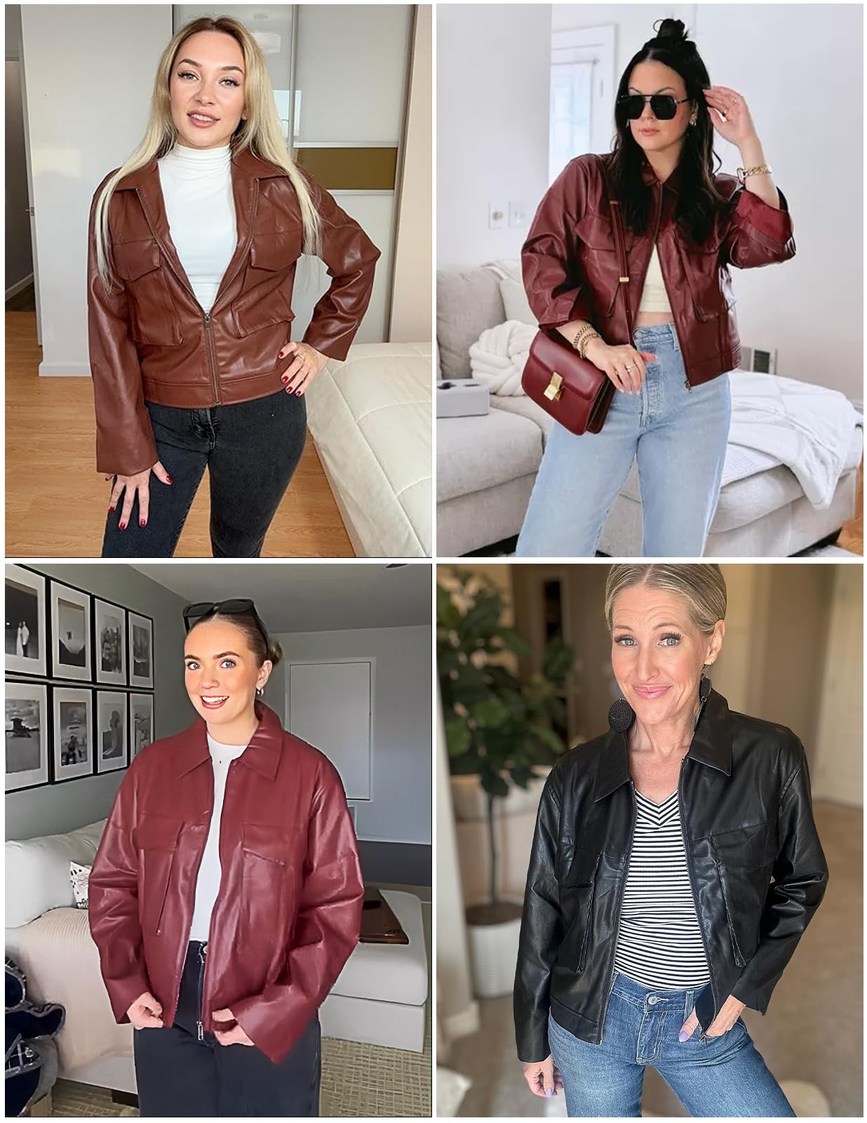 BZB Bomber Jacket Women Long Sleeve Brown Leather Jacket Women Casual Zip Up Motorcycle Moto Jacket with Pockets Going Out Outfits M