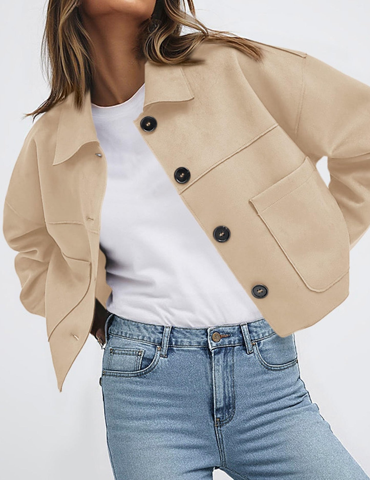PRETTYGARDEN Women's Faux Suede Cropped Jacket Casual Lightweight Fall Fashion 2026 Winter Coats Outerwear Trendy Clothes (Beige,Small)
