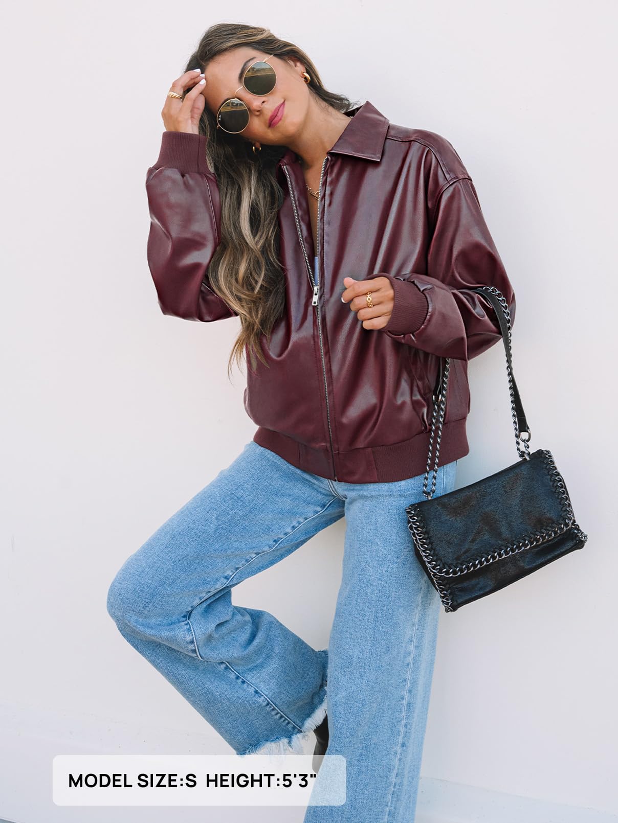 MEROKEETY Women's Winter Spring Oversized Faux Leather Jacket 2026 Fall Zip Up Motorcycle Coats Fashion Outfits Clothes, Burgundy, Large