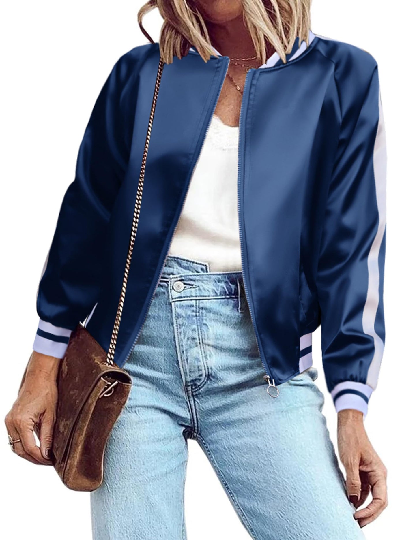 Zeagoo Women's Classic Solid Striped Biker Jacket Zip Up Fashion Bomber Jacket Coat Navy Blue Medium