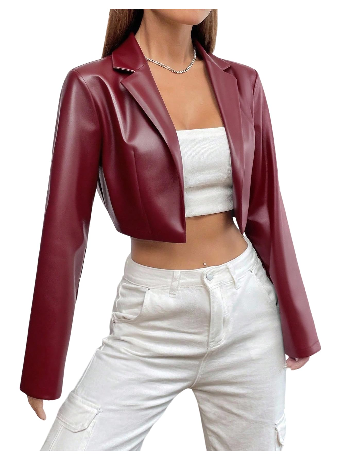 GORGLITTER Women's Cropped Faux Leather Jacket Y2k Long Sleeve Open Front Cardigan Bomber Moto Biker Jackets Rave Outfits Burgundy Small