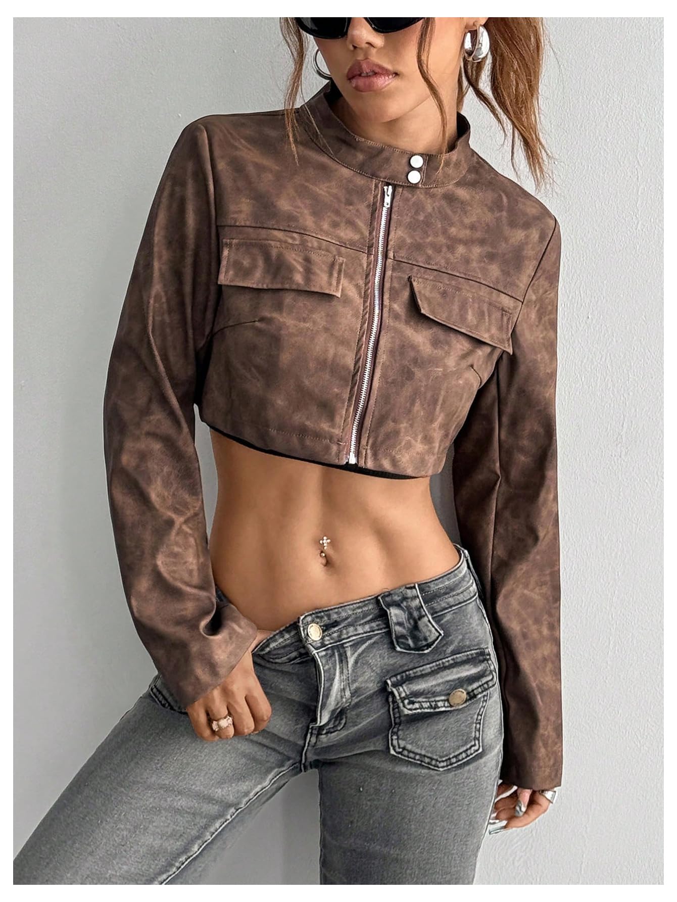 Milumia Women's Faux Leather Cropped Jacket Y2k Zip Up Stand Collar Motorcycle Short Coat Jacket Streetwear Brown X-Small