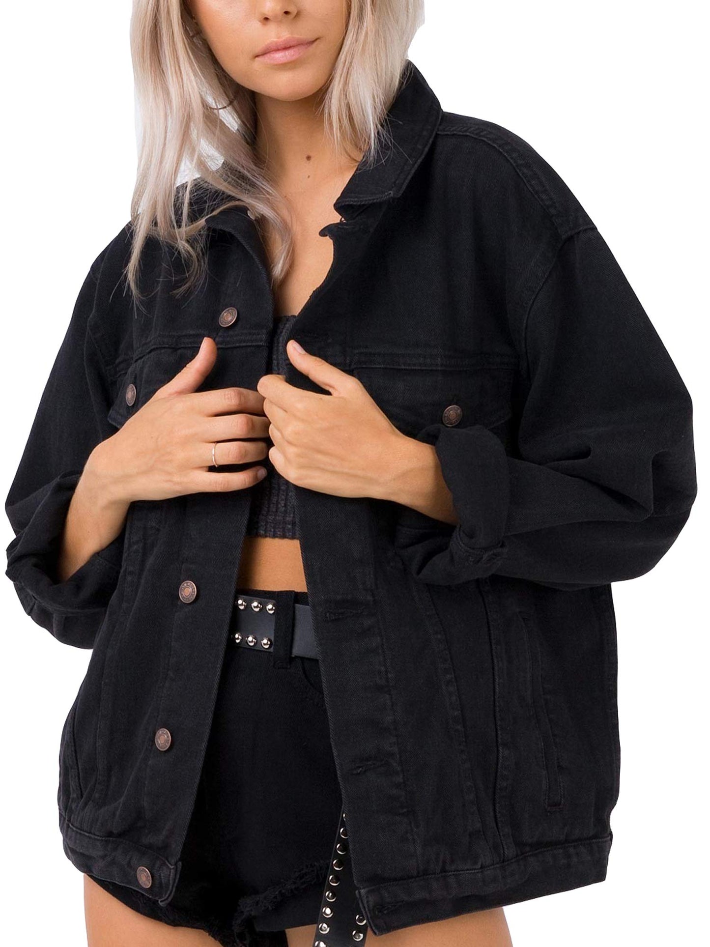 Just Quella Jean Jacket Women Black Oversized Denim Jacket (L, Black)