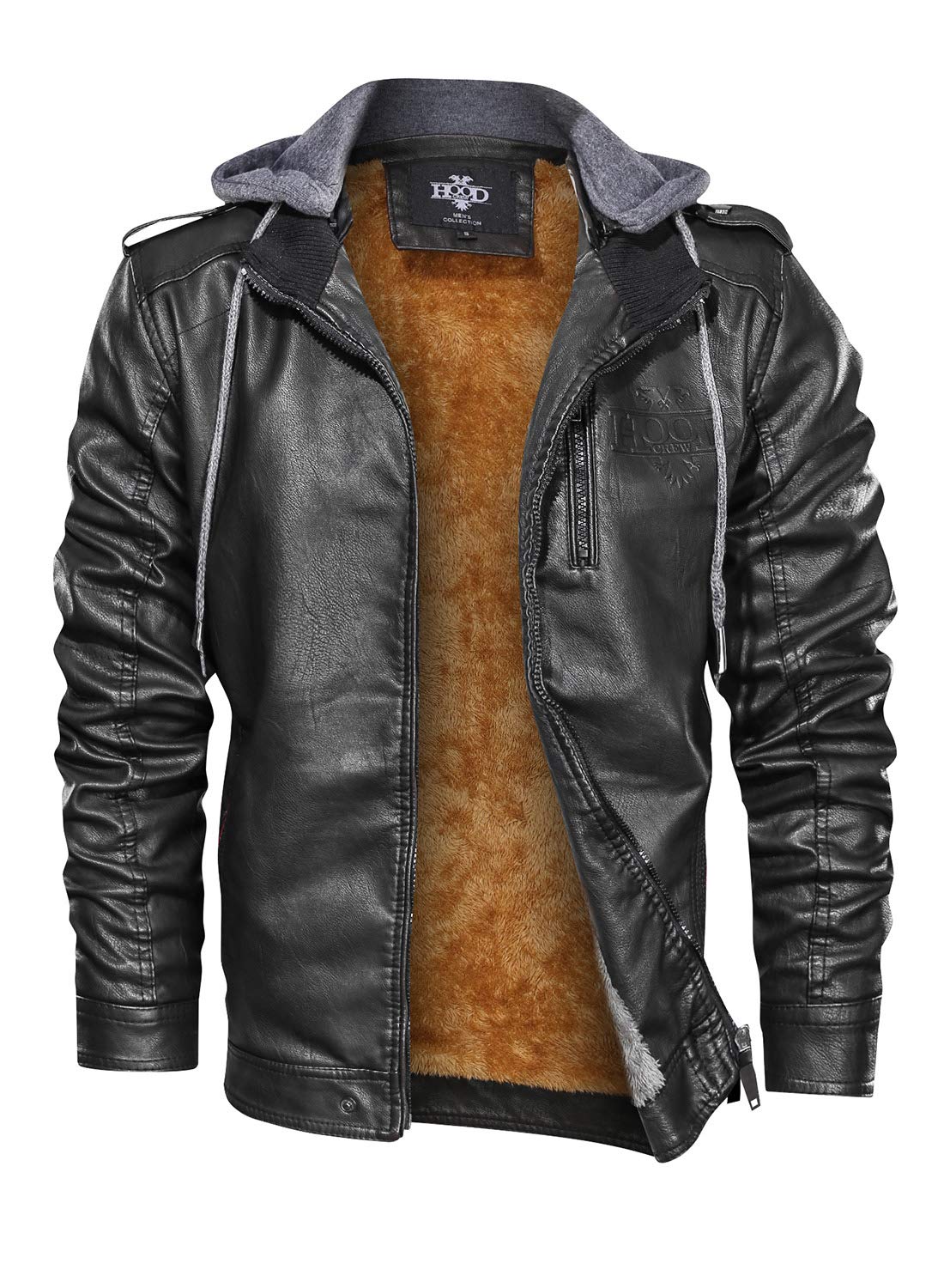 HOOD CREW Men’s Black Stand Collar Warm PU Faux Leather Zip-Up Motorcycle Jacket With a Removable Hood