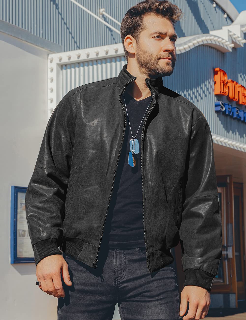 FLAVOR Men's Real Leather Bomber Casual Jacket (Large, Black)