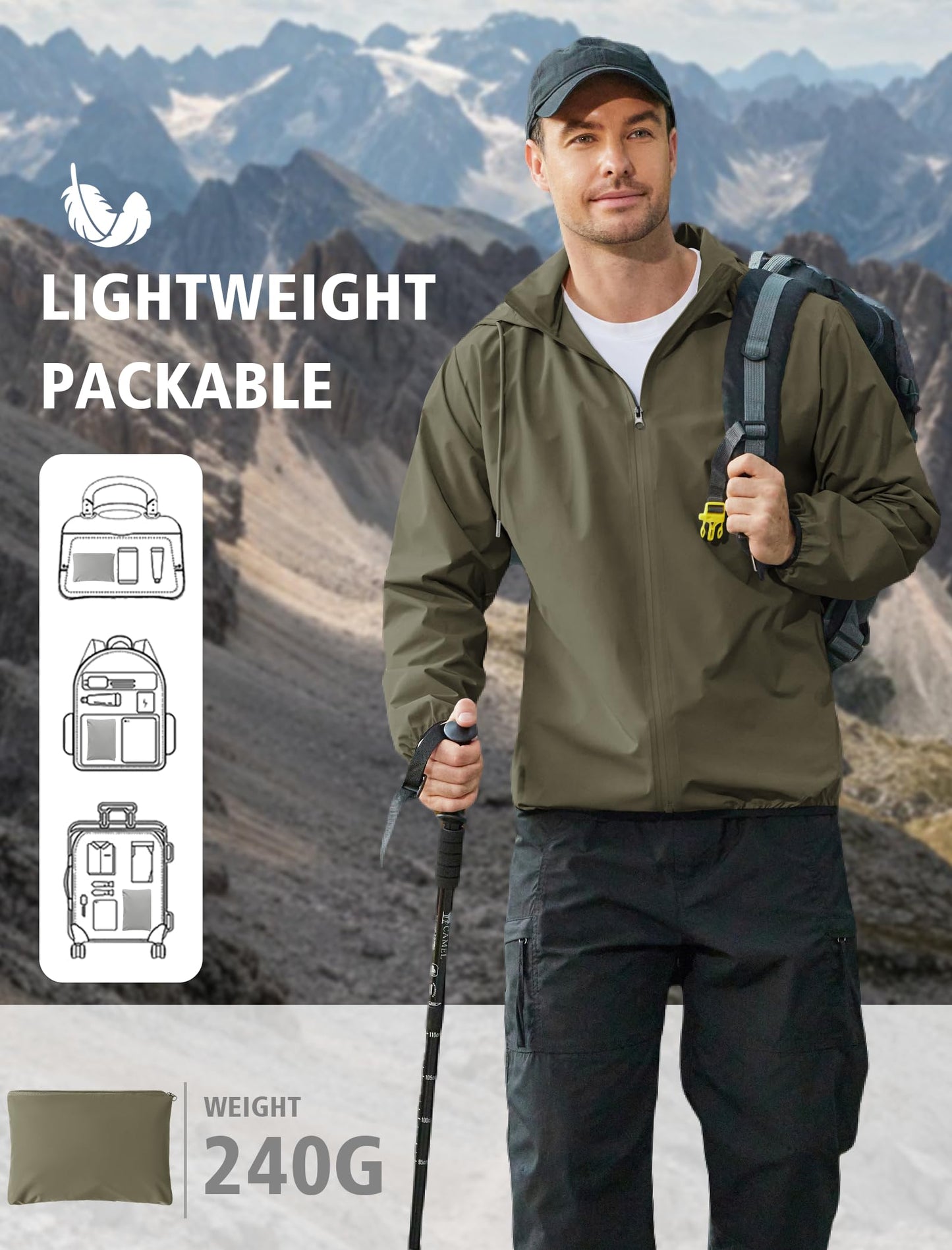 COOFANDY Mens Packable Rain Jacket Lightweight Breathable Raincoat Polyester Waterproof Windbreaker Jacket Army Green Large