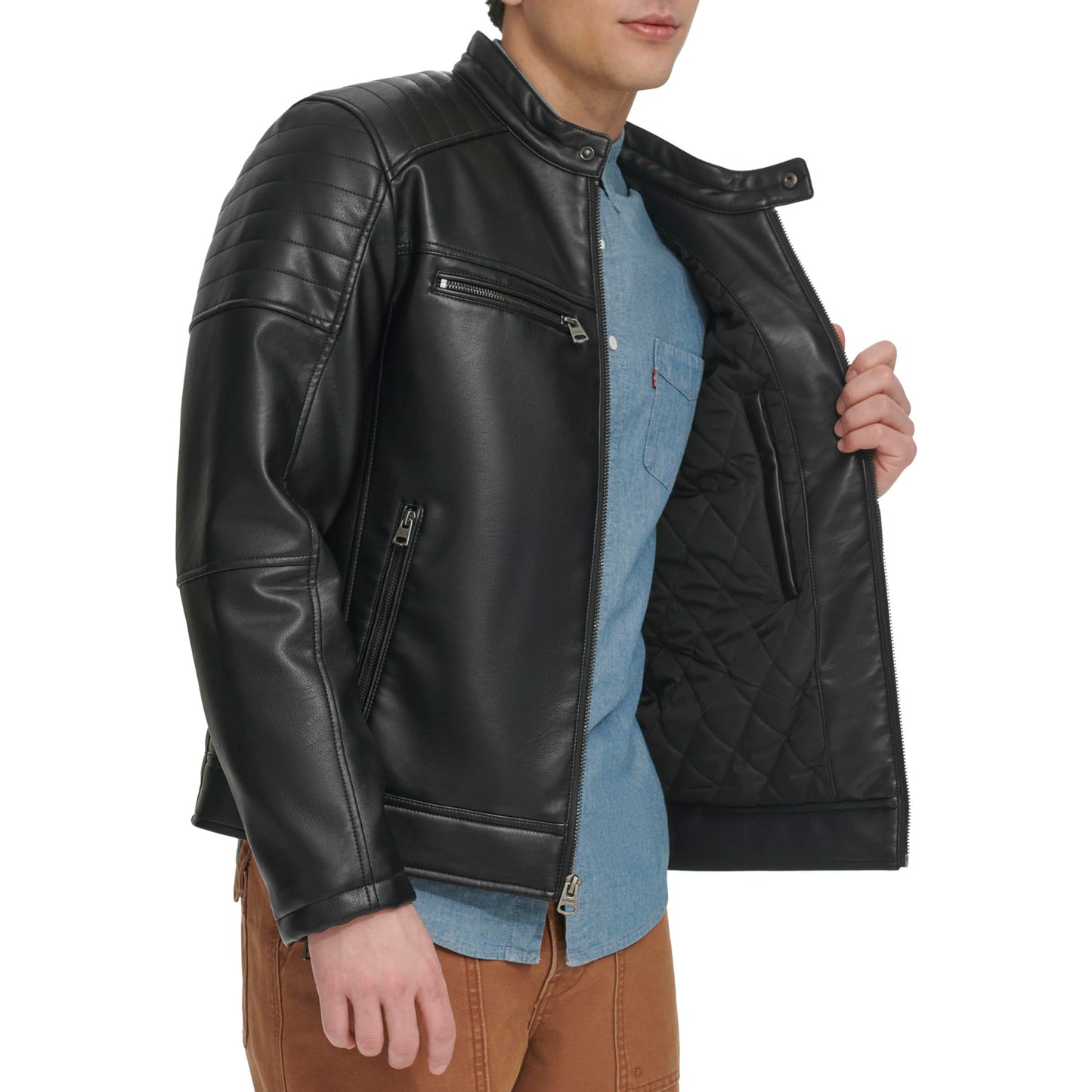 Levi's Men's Faux Leather Hooded Racer Jacket, Black Quilt Lined, Large