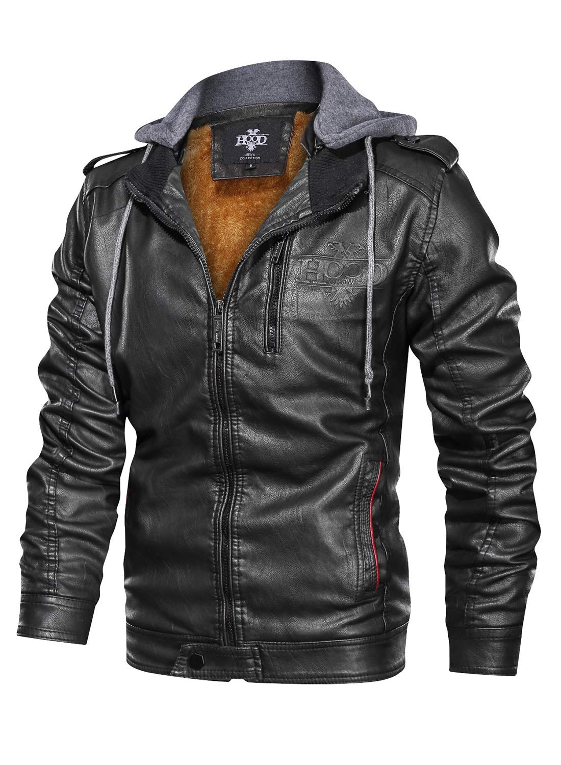 HOOD CREW Men’s Black Stand Collar Warm PU Faux Leather Zip-Up Motorcycle Jacket With a Removable Hood