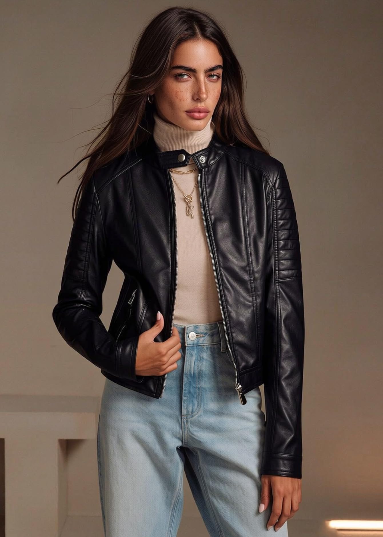 Pallivare Womens Faux Leather Motorcycle Stand Collar Jacket