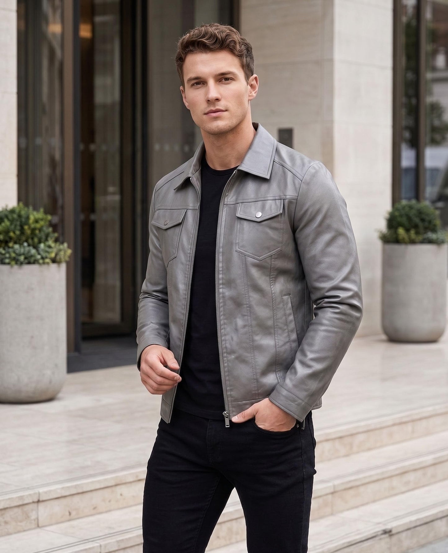 Grey Leather Jackets Men Faux Leather Motorcycle Jacket Biker Coat XXL