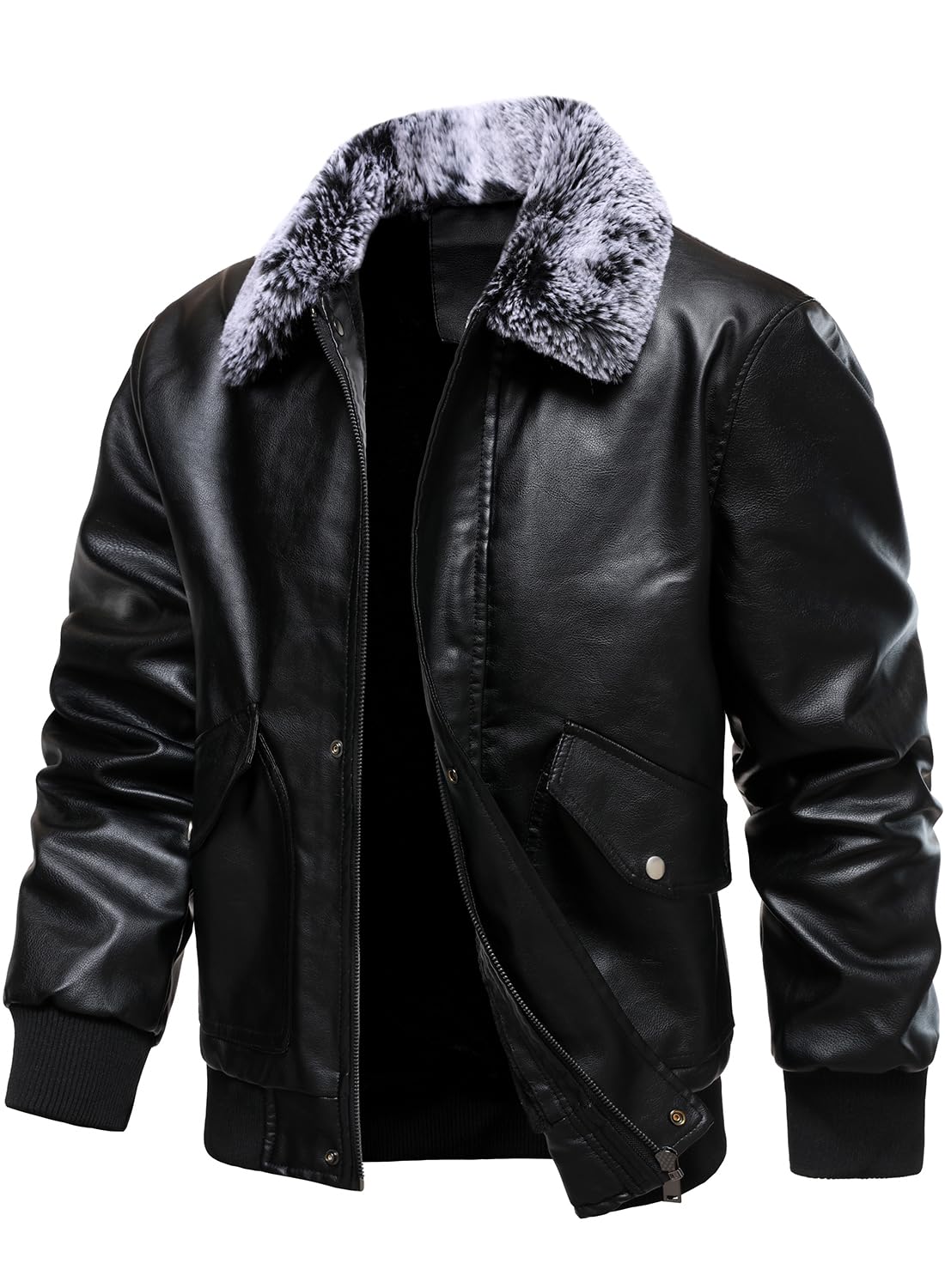 HOOD CREW Mens Faux Leather Flight Bomber Jacket with Fur Collar Winter Warm Fleece Lined Jackets Black L