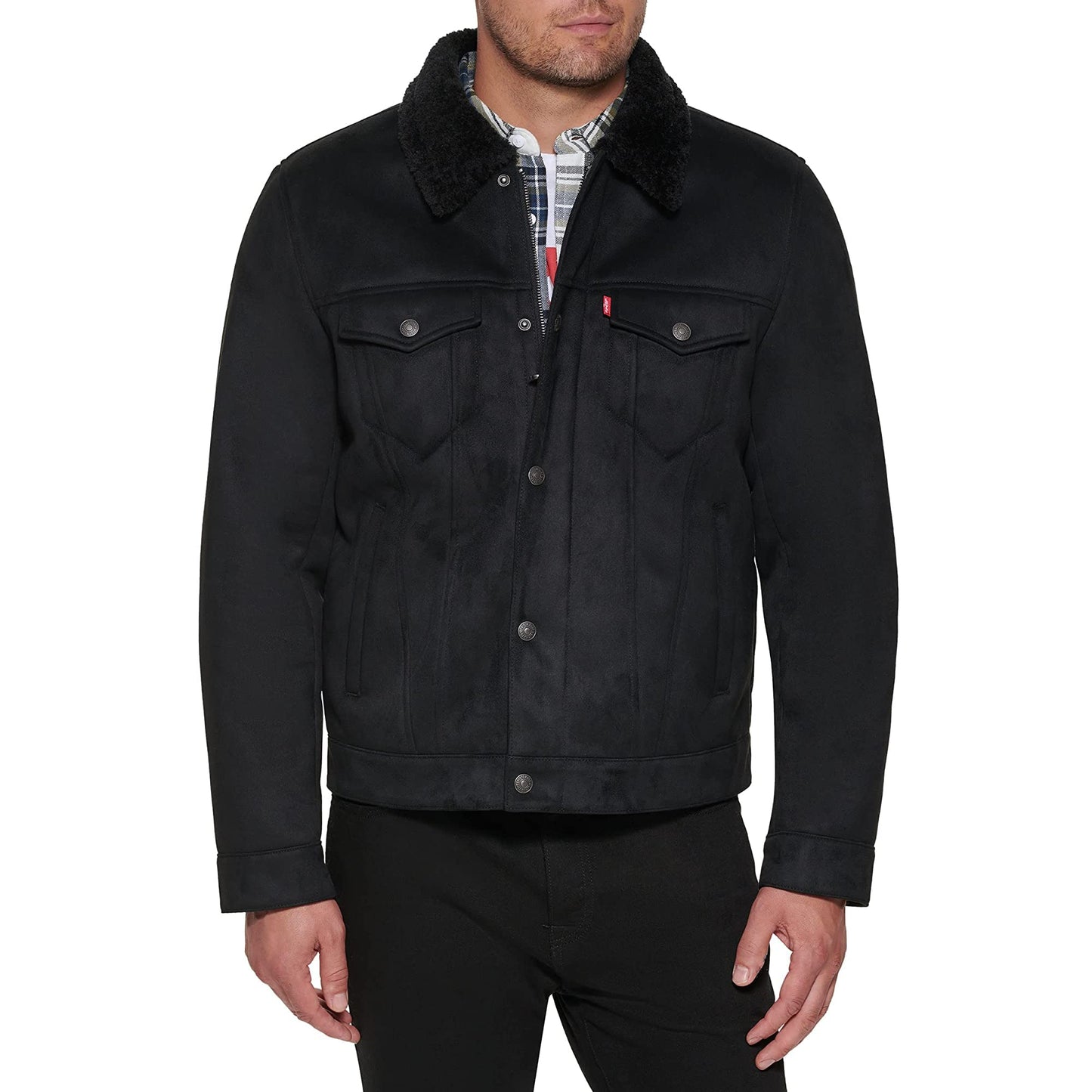 Levi's Men's Faux Leather Sherpa Lined Trucker Jacket, Black Faux Shearling, Small