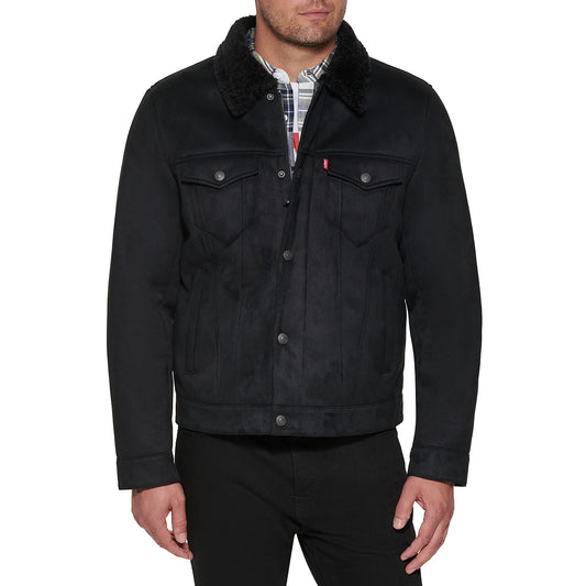 Levi's Men's Faux Leather Sherpa Lined Trucker Jacket, Black Faux Shearling, Small