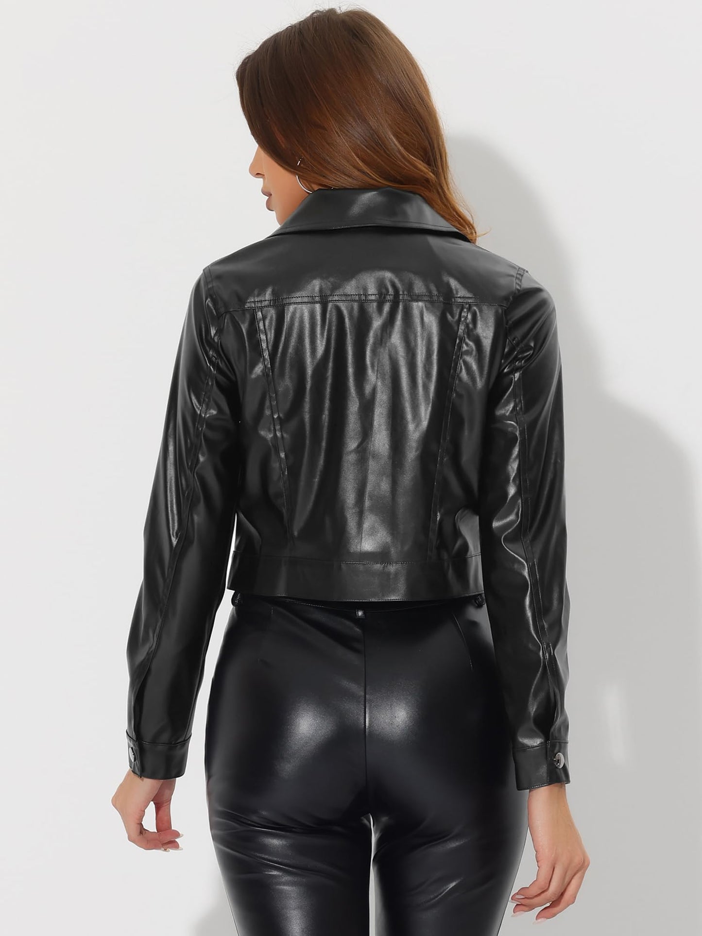 Allegra K Cropped Faux Leather Jacket for Women Casual PU Motorcycle Outwear Moto Biker Coat Jackets Small Black