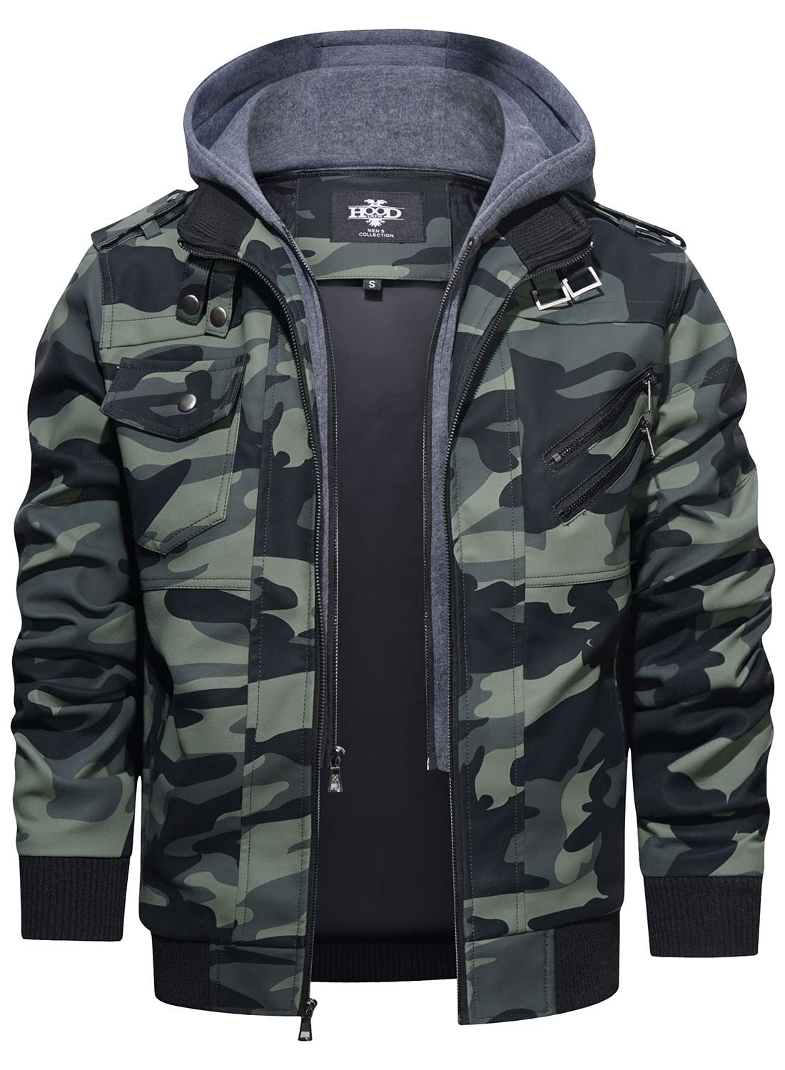 HOOD CREW Men’s Casual Stand Collar PU Faux Leather Zip-Up Motorcycle Bomber Jacket With a Removable Hood Camouflagegreen L