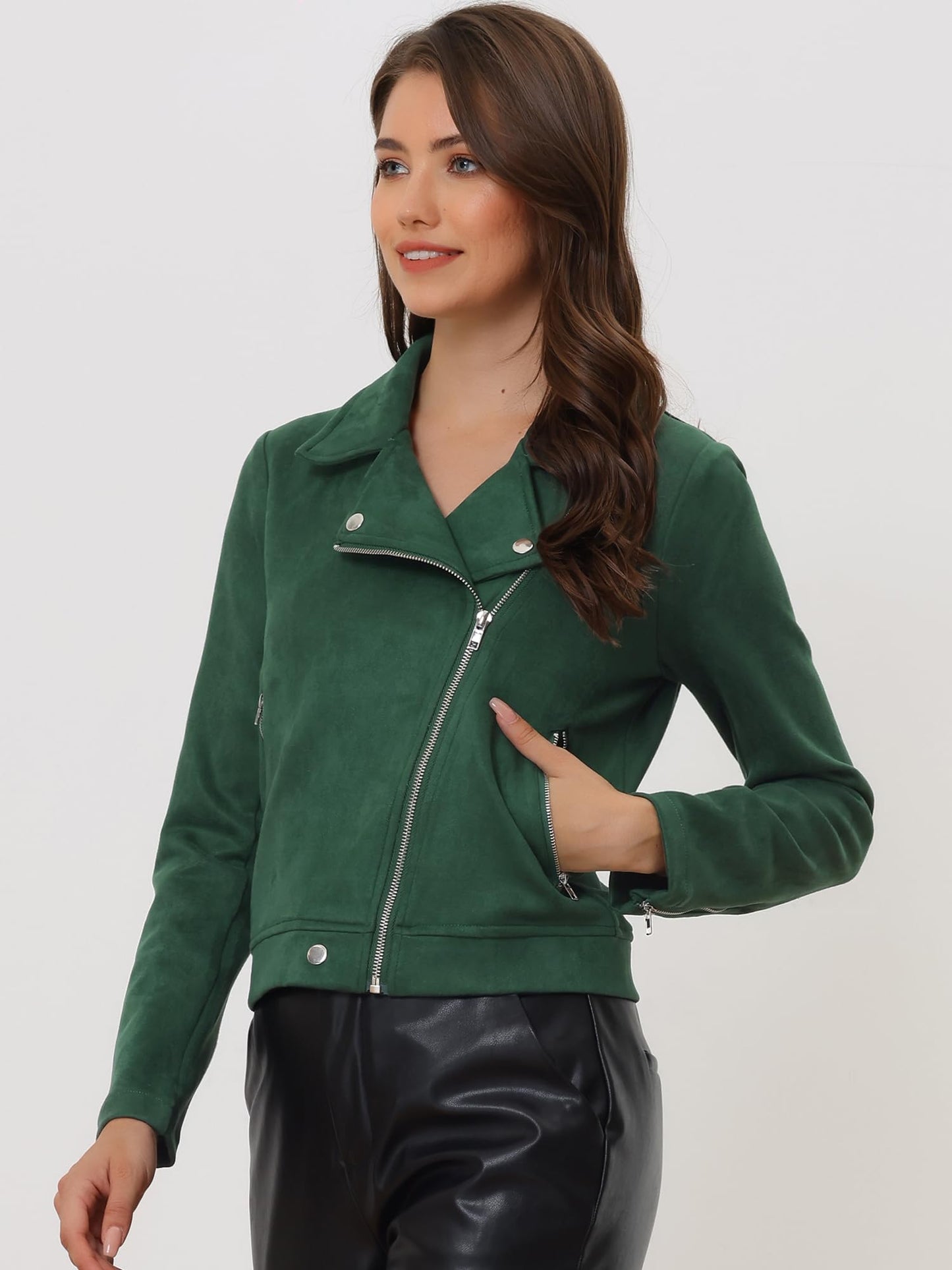 Allegra K Women Short Soft Zip Up Faux Suede Biker Moto Jacket Small Dark Green