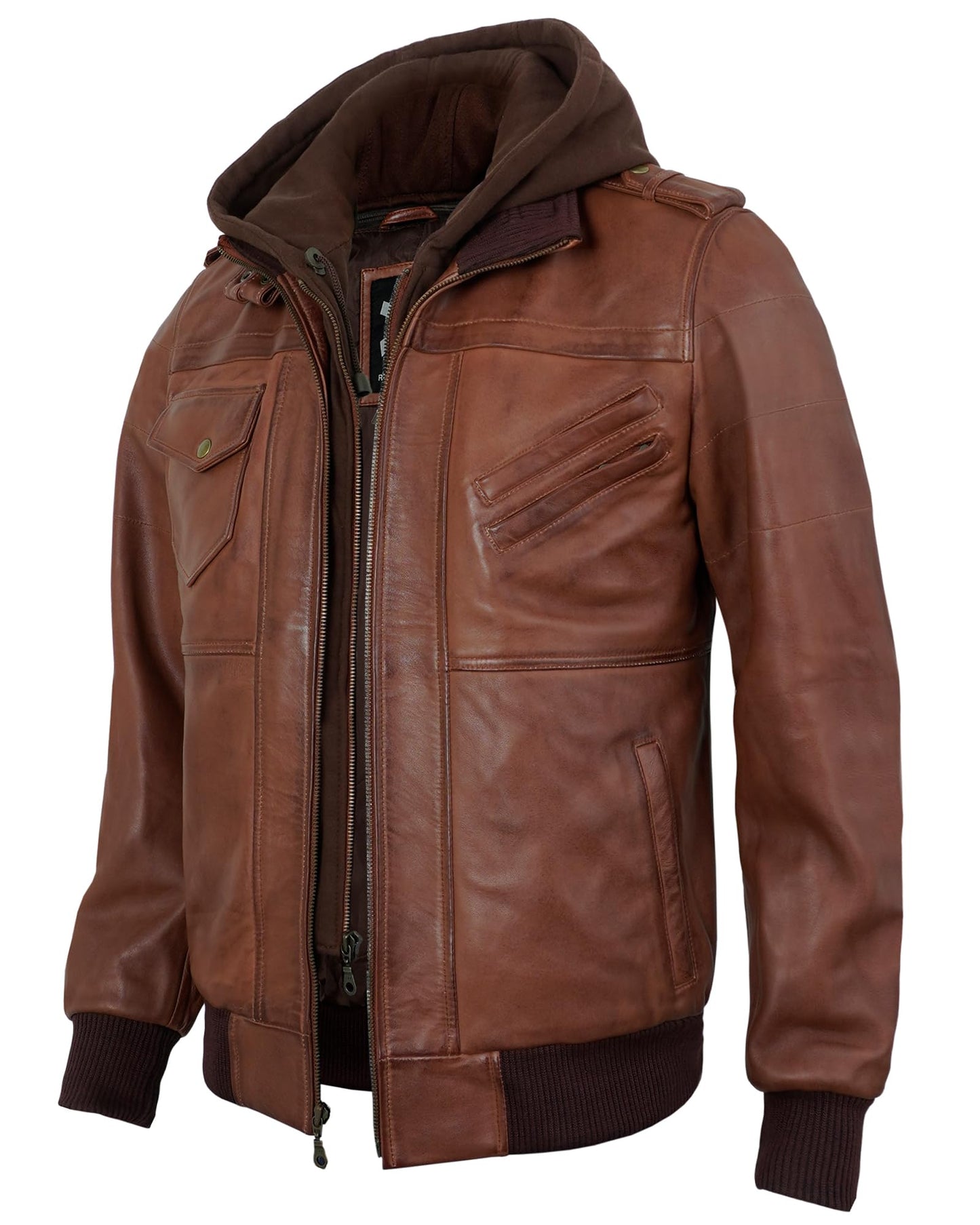 UrbanFocal Hooded Brown Leather Bomber Jacket Men - Real Lambskin Leather Jackets For Mens With Detachable Hood | [101010005] Edinburgh Cognac, XL