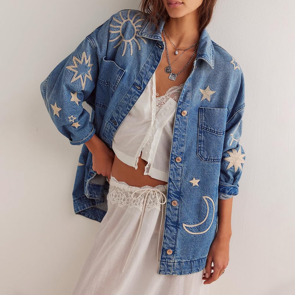 utcoco Women's Vintage Oversized Denim Jacket Embroidered Graphic Casual Loose Fit Button Down Jean Jacket (X-Large, Blue Embroidery)