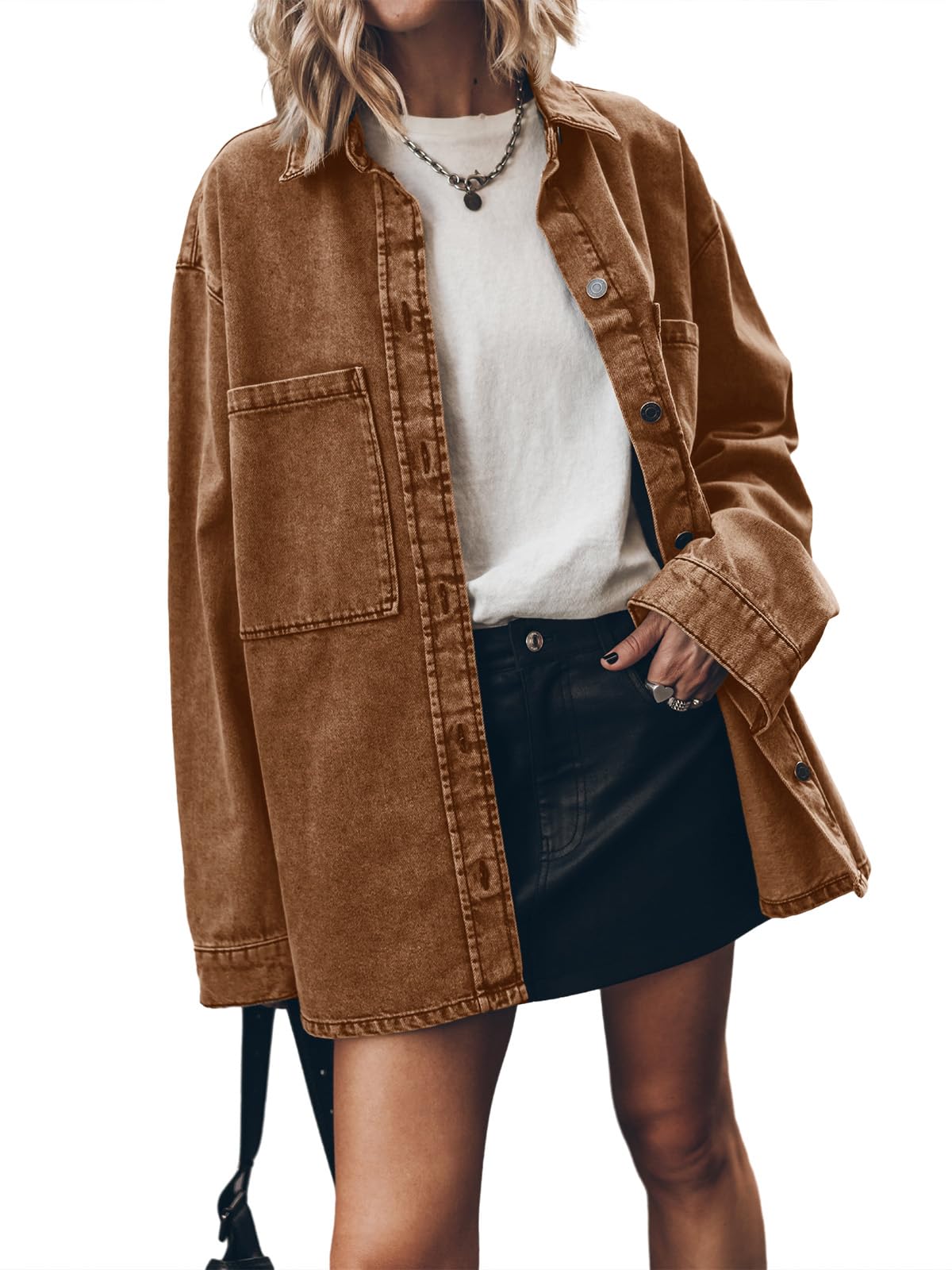 PLNOTME Womens Oversized Jean Jacket Casual Button Up Denim Overshirt Trendy Long Sleeve Denim Jacket Coat