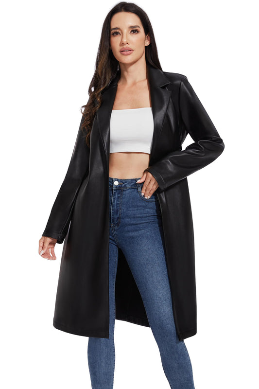 Fahsyee Women's Faux Leather Trench Coat, Motorcycle Jackets PU Moto Biker Outwear Fitted Slim Jacket Black Size S
