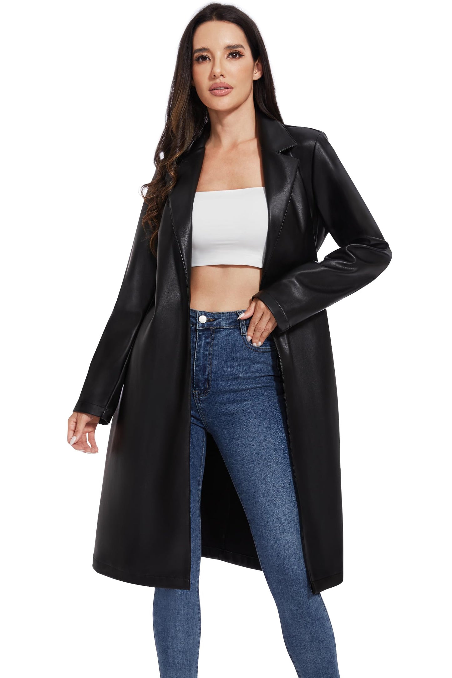 Fahsyee Women's Faux Leather Trench Coat, Motorcycle Jackets PU Moto Biker Outwear Fitted Slim Jacket Black Size XL